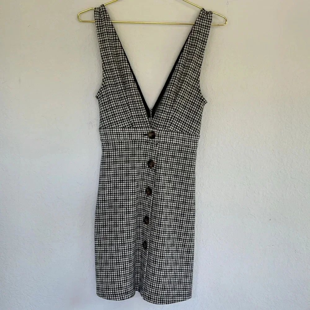 Topshop Plaid Stretch Low V Knit Button Up Dress US 2